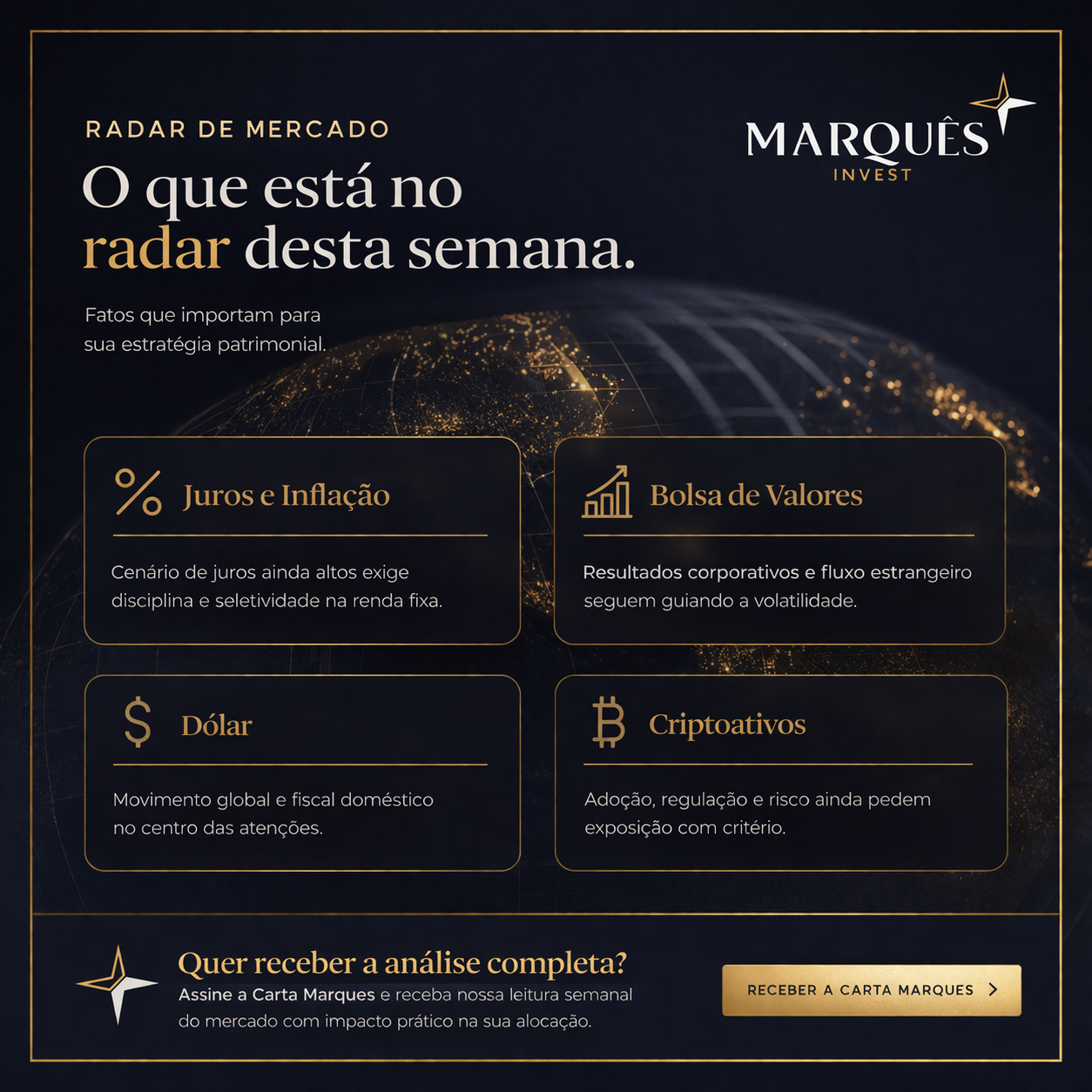 Radar de mercado da semana com juros, bolsa, dolar e cripto.